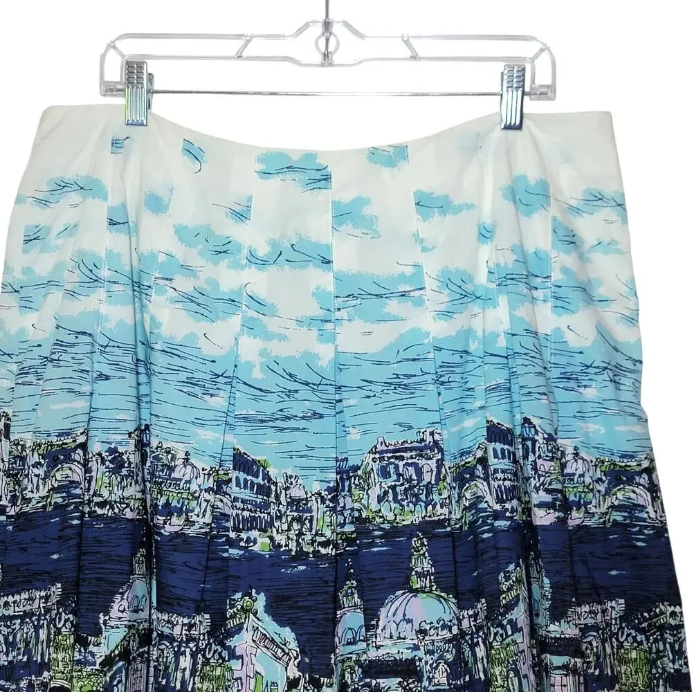 Talbots NWT Pleated Italian Landscape Print Cotton Skirt Blue White 14WP Coastal